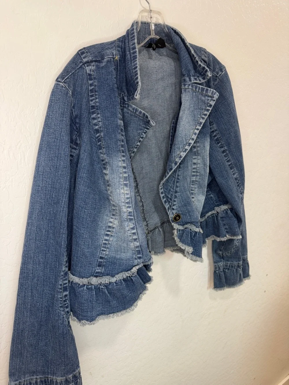 Women’s plus so 2X denim Jean jacket y2k retro chic south western peplum frayed - Picture 7 of 8